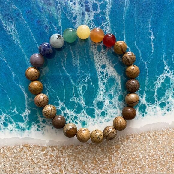 Handmade crystal bracelet // picture Jasper & chakra // 7” average wrist size - Picture 2 of 2
